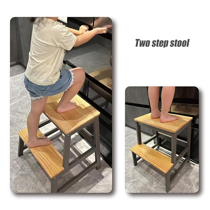 Wooden Step Stool for Kids, Premium Toddler Stool Kids Step Stool with Handle and Safety Rail, Perfect for Kitchen, Bathroom and Bedroom