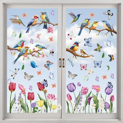 9PCS Summer Window Stickers, Spring Flower Bird Butterfly Tree Branches Glass Window Cling Stickers Cartoon Decoration Stickers for Living Room Office Home Party Supplies Shop