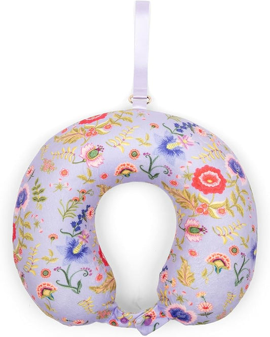 MIAMICA Folklore Purple Floral Ultra-Plush Memory Foam Travel Neck Pillow and Head Support with Easy to Carry Hands Free Strap for Comfort on Airplane Flight, Car and Home, M32026