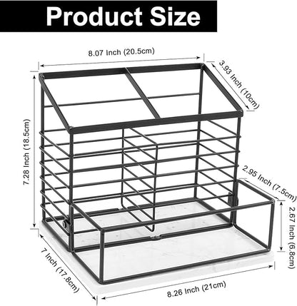 Utensil Holder for Kitchen Counter, Metal Utensil Holder Rack with Salt and Pepper Shakers for Kitchen Countertop, Cooking Tools Storage for Spatula, Large Utensil Organizer with Marble Base