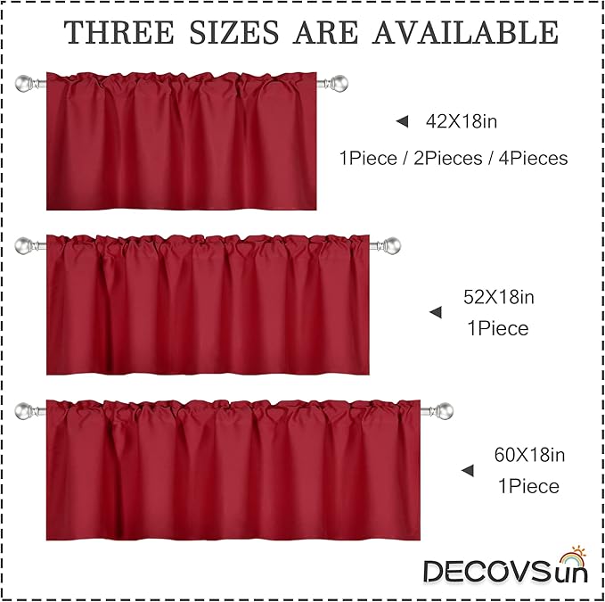 4 Panels Red Valance for Windows 42x18 Inch Solid Thermal Insulated Blackout Rod Pocket Kitchen Short Curtain Toppers Valance for Bathroom Living Room