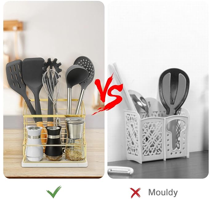 Utensil Holder for Kitchen Counter, Metal Utensil Holder Rack with Salt and Pepper Shakers for Kitchen Countertop, Cooking Tools Storage for Spatula, Large Utensil Organizer with Marble Base