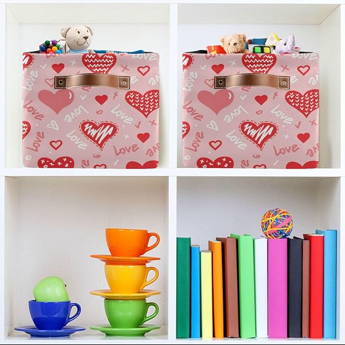 Wamika Pink Love Heart Storage Basket Fabric Kitchen Baskets Happy Valentine's Mother's Day Open Home Storage Bins Boxes Foldable Organizer Bag Cloth Toy Book Shelf Closet Baskets 16×12×8 Inches