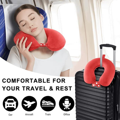 Travel Neck Pillow Airplane, Soft Memory Foam Support Head Neck Chin, with Removale Cover and Adjustable Snap Button, Comfortable Sleeping in Plane Car Train Traveling Office Home, Red