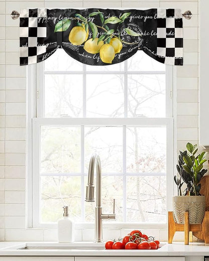 Summer Tropical Lemon Blackout Tie Up Valance Curtains for Kitchen Windows Buffalo Plaid Black White Window Toppers Balloon Shades for Living Room/Bathroom/Bedroom,1 Panel,54" X 18"