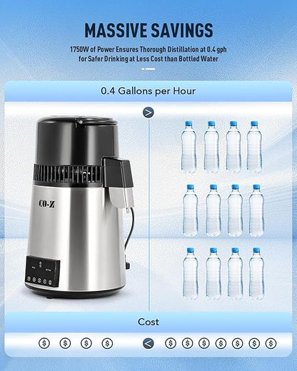 CO-Z 1.1 Gallon Water Distiller, 1750W Countertop Distilled Water Machine with Glass Container Dual Temperature Display Timer, 4L 304 Stainless Steel Distilled Water Maker for Home Office Travel More