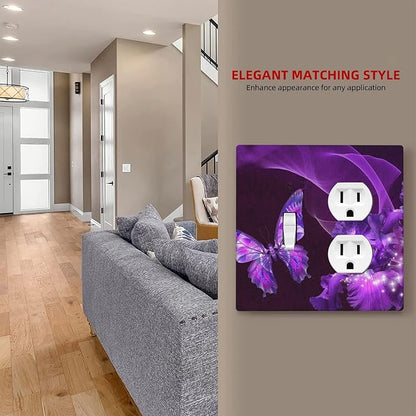 Purple Butterfly Flower Combo Single Toggle 1 Duplex Outlet Light Switch Wall Plate Cover Decorative 2-Gang for Electrical Girls Room Bathroom Bedroom Home Kitchen One Receptacle 4.5" x 4.6"