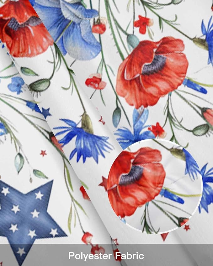 Vandarllin Summer 4th of July Kitchen Curtains Valances for Windows Patriotic Poppy Flowers Stars Rod Pocket Window Treatment for Kitchen/Living Room/Bedroom/Bathroom, 42" X 18", Blue Red