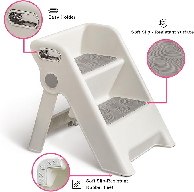 UNCLE WU Foldable 2-Step Stool for Kids -Potty Seat Training Aid with Safety Handles,Durable - Perfect for Potty Training, Bathroom Sink,Kitchen Stand Stool & Bedroom Step Stool