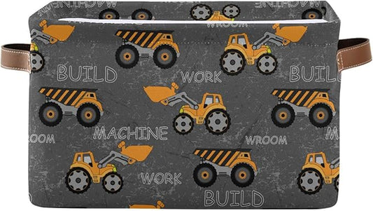 Construction Truck Excavator Storage Basket Fabric Toys Baskets Build Work Machine Boys Open Home Storage Bins Boxes Foldable Organizer Bag for Baby Cloth Toy Book Shelf Closet Baskets 16×12×8 Inches