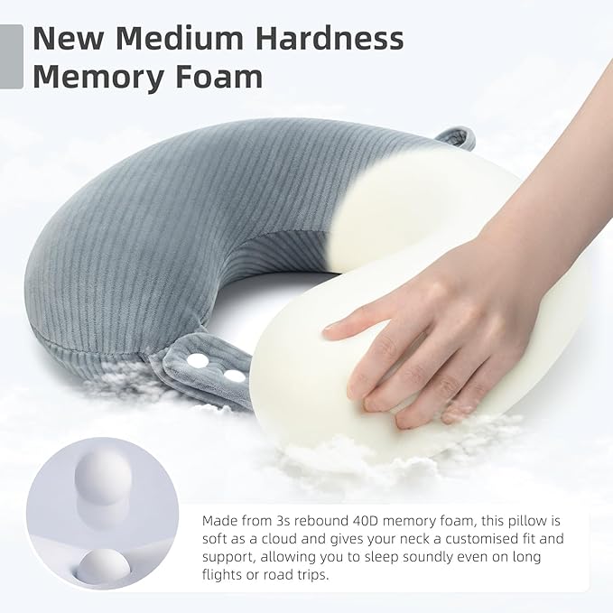 Travel Pillow, Neck Pillow Airplane Memory Foam with Sleep Mask Earplugs, Soft & Support Fleece Airplane Pillow for Travelling Plane Car Train Home Use, Grey