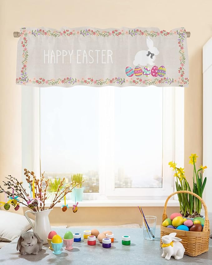 Easter Day Valances Kitchen Curtains for Windows,Easter Rabbit Bunny Eggs Rod Pocket Valances Blue Pink Spring Floral Rustic Home Decoration Short Curtains for Bedroom/Living Room,54" X 18" -1 Panel