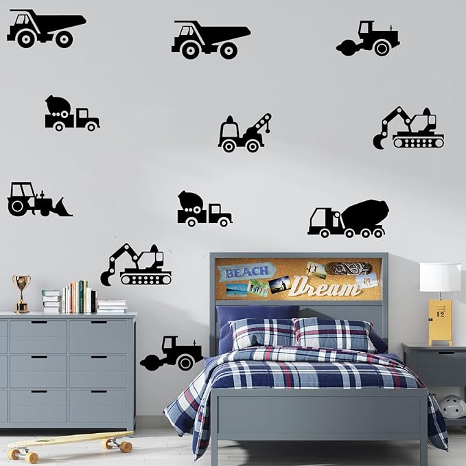 Vinyl Wall Art Decals Construction Vehicles Cool Trendy Toddler Boys Girls Home Bedroom Playroom Wall Stickers Nursery Daycare Apartment Kindergarten