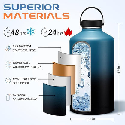 1 Gallon Water Bottle Insulated - with Straw & Flex Cap Lid, Paracord Handle, Bottle Sleeve with Strap, BPA Free & Leak Proof Big Metal Water Canteen, 128 oz Stainless Steel Water Jugs for Sports Gym