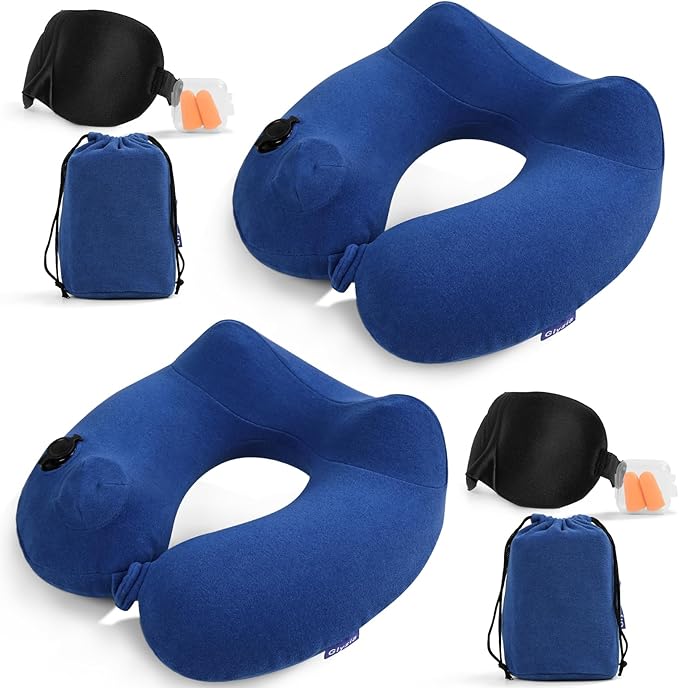 2 Pack Inflatable Travel Neck Pillow for Airplane, 360° Head Support Velvet Adult Neck Pillow for Long Flight, Removable Washable Cover, Kit with Eye Masks, Earplugs & Storage Bag, Navy Blue