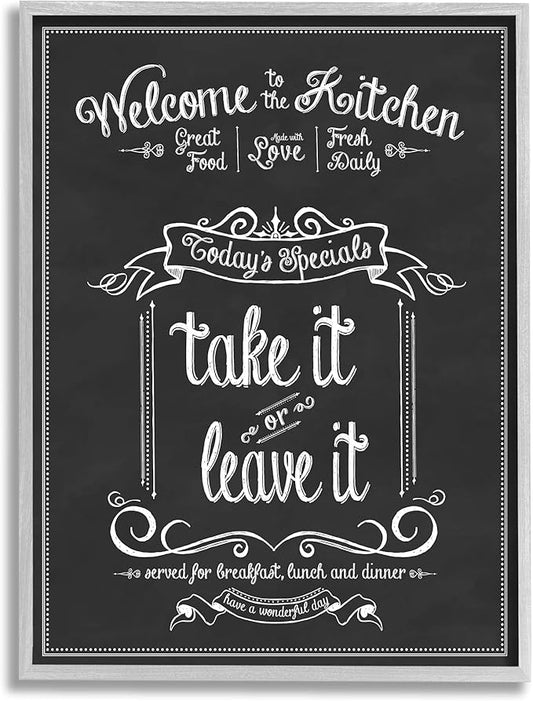 Stupell Industries Welcome to The Kitchen Chalkboard Style Vintage Sign, Design by Lettered and Lined Gray Framed Wall Art, 16 x 20, Black