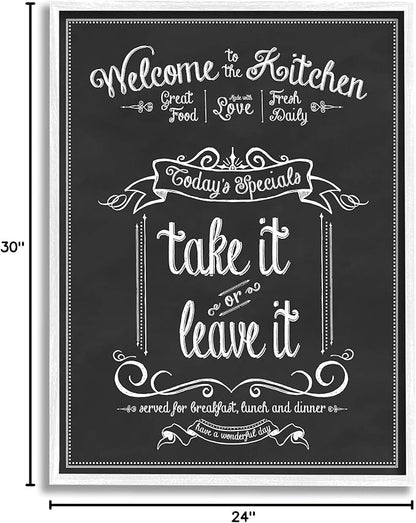 Stupell Industries Welcome to The Kitchen Chalkboard Style Vintage Sign, Design by Lettered and Lined White Framed Wall Art, 24 x 30, Black