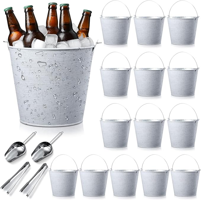 Zopeal 16 Pcs Galvanized Beer Bucket Metal Ice Buckets with Shovels and Tongs Large Steel Pail Tin with Handle for Party Wedding Wine Champagne Bar Kitchen Christmas Table Centerpieces (Vintage White)