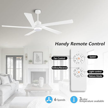 WINGBO 64" DC Ceiling Fan with Lights and Remote Control, 5 Carved Wood Blades, 6-Speed Reversible DC Motor, Modern Ceiling Fan for Bedroom Living Room Kitchen, ETL Listed