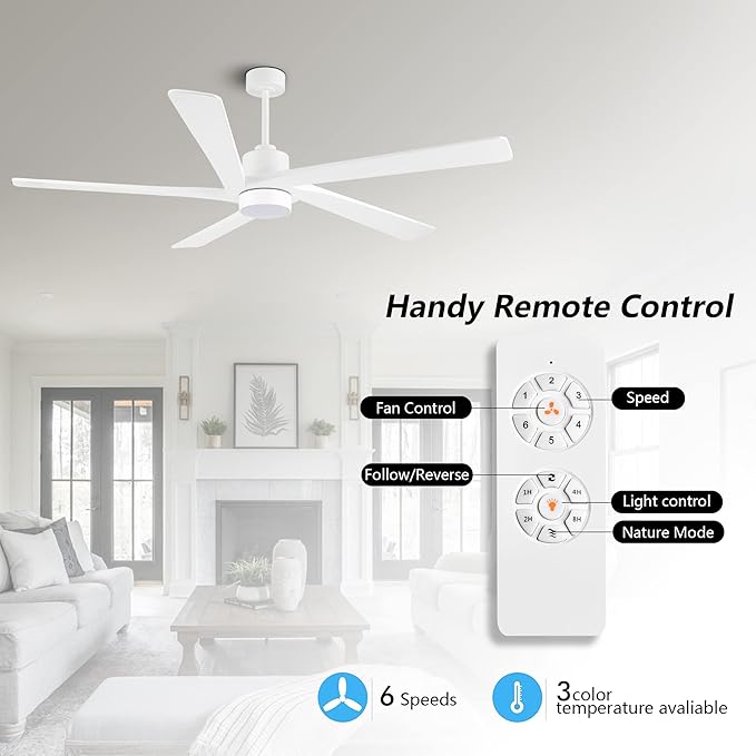 WINGBO 54" DC Ceiling Fan with Lights and Remote Control, 5 Carved Wood Blades, 6-Speed Reversible DC Motor, White Ceiling Fan for Bedroom Living Room Kitchen, ETL Listed