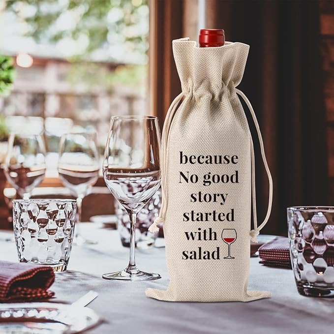 Wedding Bridal Shower Gifts, Engagement Gifts Wine Bags for Wine Bottles Gifts, Birthday Housewarming Gifts New Home Wine Gifts Bag, Because No Good Story Started with A Salad Wine Bag