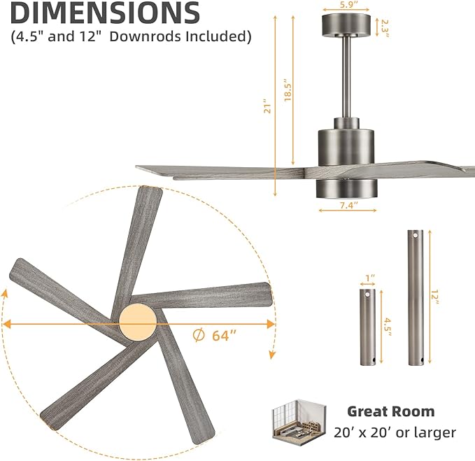 WINGBO 64" ABS DC Ceiling Fan with Lights, 5 Blade ABS Wood Grain Ceiling Fan with Remote, 6-Speed Reversible DC Motor, LED Ceiling Fan for Kitchen Bedroom Living Room, Antique Nickel and Grey