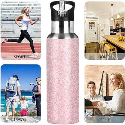 xigua 22 OZ Pink Glitter Texture Water Bottle with Straw, Sports Water Bottle BPA Free Stainless Steel Water Jugs for Gym, Kitchen, Working, Outdoor