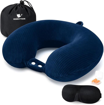 Travel Pillow, Neck Pillow Airplane Memory Foam with Sleep Mask Earplugs, Soft & Support Fleece Airplane Pillow for Travelling Plane Car Train Home Use, Navy