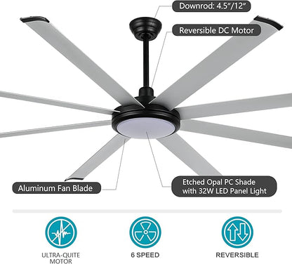 WINGBO 64" Ceiling Fan with Lights and Remote Control, Matte Black Ceiling Fan, 8 Aluminum Blades, 6-Speed Reversible DC Motor, Industrial Ceiling Fan for Kitchen Bedroom Living Room, ETL Listed