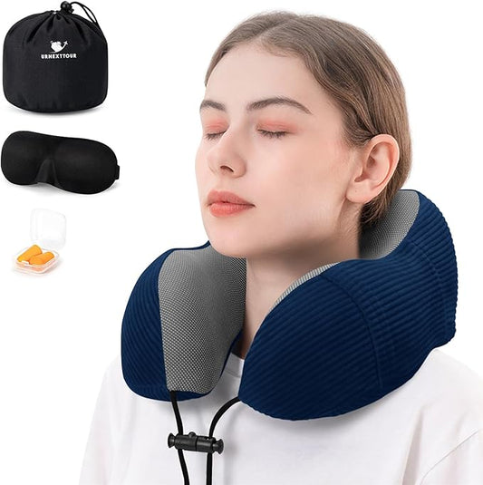 Travel Pillow for Airplane Memory Foam Neck Pillows, Soft & Support Travel Pillow for Travelling with Eye Mask, Earplugs and Storage Bag, Sleeping Rest, Car, Train and Home Use Fleece, Blue