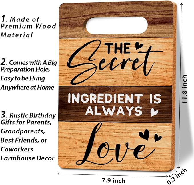 The Secret Ingredient Is Always Love Cutting Board Gifts, Wood Cutting Boards for Kitchen, House Warming Gifts New Home, Kitchen Wall Art, Christmas Birthday Gifts for Women Mom Grandma 8 x 12 Inch