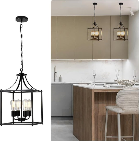 4-Light Black Chandelier Light Fixture, Modern Farmhouse Pendant Lights Kitchen Island, Industrial Iron Lantern Cage Chandelier Ceiling Hanging Lights for Kitchen Dining Room Entryway, E26 Socket