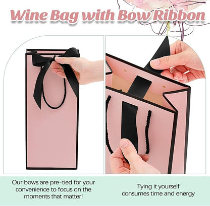 12 Pcs Wine Gift Bag with Ribbon Bow Reusable Liquor Bag with Foil Print Wine Bag Elegant Thank You Wine Gift Bag for Christmas Valentine's Day Wedding Shower Birthday Holiday (Pink Black)