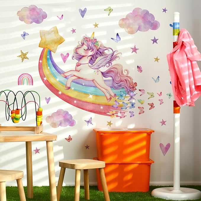 DIY Unicorn Wall Stickers for Kids Room, Home Decor Wallpapers with Cute Cartoon Animals and Stars