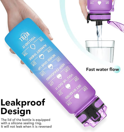 1000ml Motivational Water Bottle with Time Marker, Leak-proof BPA Free Tritan Drink Bottle with Fruit Strainer, Perfect for Fitness, Gym and Outdoor Sports