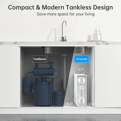 SMONET Tankless Reverse Osmosis System: 7 Stages Reverse Osmosis Drinking Water Filter 600 GPD with Smart LED Faucet Under Sink RO Water Filtration Systems for Whole Home 2:1 Pure to Drain NSF 58/372