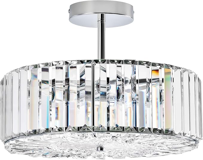 VONLUCE Crystal Light Fixture, Modern Semi Flush Mount Ceiling Light, 15" Round 4-Light Crystal Chandelier Hallway Lighting for Kitchen Bedroom Living Room Dining Room Entryway Closet, Nickel