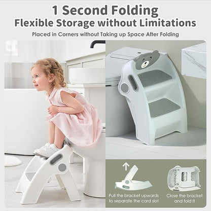 Toddler Step Stool Foldable 2 Step Stool for Kids Collapsible Stool Anti-Slip Stepping Stool for Bathroom Sink Potty Toilet Toddler Kitchen Stool Helper (Grey)