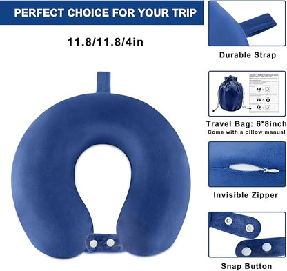 Travel Neck Pillow Airplane, Soft Memory Foam Support Head Neck Chin, with Removale Cover and Adjustable Snap Button, Comfortable Sleeping in Plane Car Train Traveling Office Home, Blue