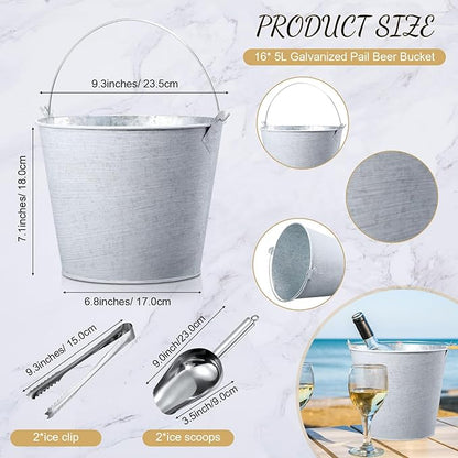 Zopeal 16 Pcs Galvanized Beer Bucket Metal Ice Buckets with Shovels and Tongs Large Steel Pail Tin with Handle for Party Wedding Wine Champagne Bar Kitchen Christmas Table Centerpieces (Vintage White)