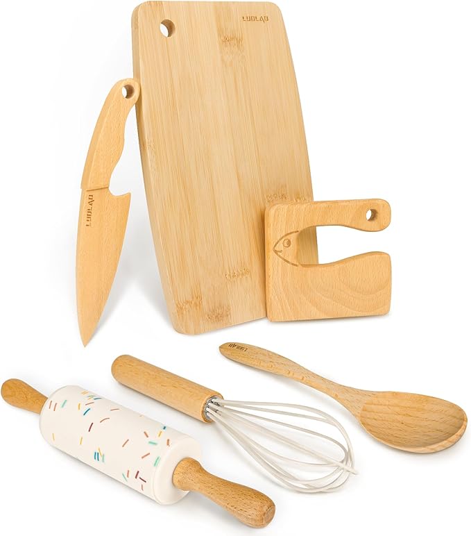 Wooden Kids Safe Knife and Kids Baking Set for Real Cooking, 6 PCS Toddler Montessori Kitchen Tools, Cooking and Baking for Kids Little Chefs