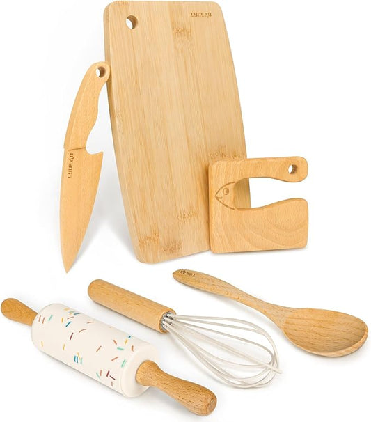 Wooden Kids Safe Knife and Kids Baking Set for Real Cooking, 6 PCS Toddler Montessori Kitchen Tools, Cooking and Baking for Kids Little Chefs