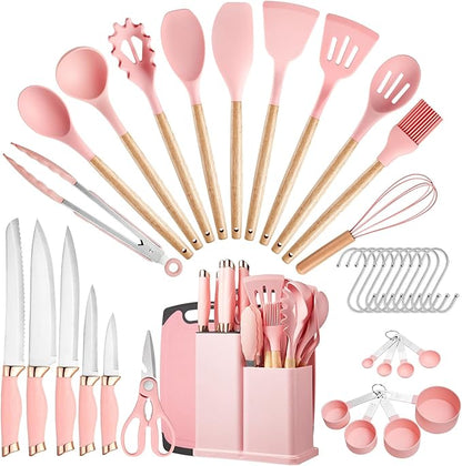 37 PCS Kitchen Utensils Set, Silicone Cooking Utensils Set with Kitchen Knife Set and Holder, Wooden Handle Kitchen Tool Set - Kitchenware Set (Pink)