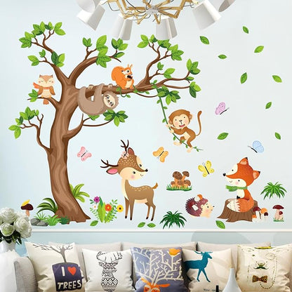 AM AMAONM Removable Jungle Animals Fox Deer Elephant Birds Lion Wall Decals DIY Tree and Leaves Wall Sticker Peel and Stick Home Wall Art Decor for Kids Baby Boys Nursery Bedroom Classroom (39153)