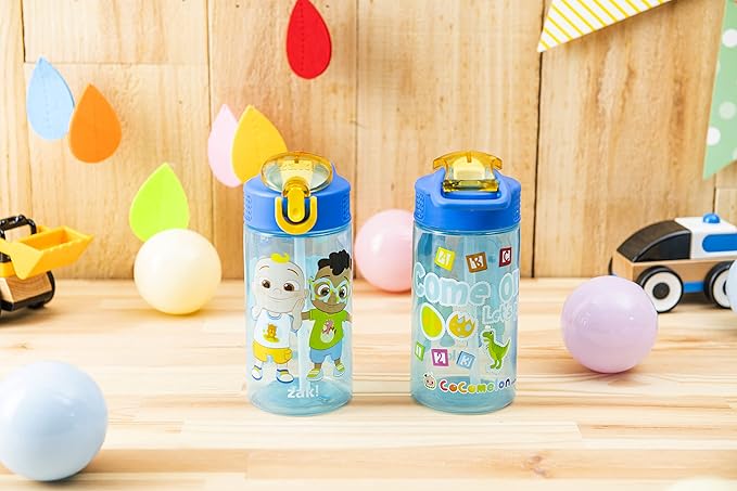 Zak Designs CoComelon Kids Water Bottle with Spout Cover and Built-In Carrying Loop, Made of Durable Plastic, Leak-Proof Water Bottle Design for Travel (16 oz, Pack of 2)