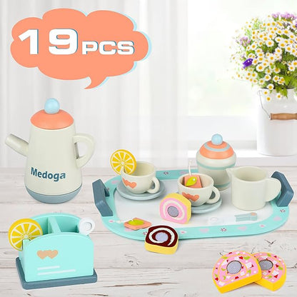 Wooden Tea Set toy Play Kitchen Accessories for Kids Pretend Play Food for Toddlers Tea Party Set for 3, 4, 5 Year Old Girls and Boys (Tea Set)