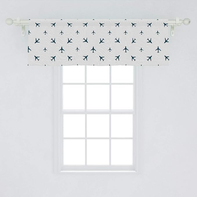 Ambesonne Airplane Window Valance, Diagonal Stripes Travel Silhouettes Vacation Aviation, Curtain Valance for Kitchen Bedroom Decor with Rod Pocket, 54" X 18", Petrol Blue