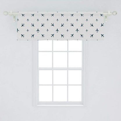 Ambesonne Airplane Window Valance, Diagonal Stripes Travel Silhouettes Vacation Aviation, Curtain Valance for Kitchen Bedroom Decor with Rod Pocket, 54" X 18", Petrol Blue