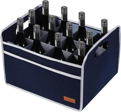 12 Bottle Wine Carrier, Thicken Felt Wine Carry Case Collapsible Wine Bottle Storage Box Liquor Bottle Tote with Handles for Travel, Party, Picnic (Navy Blue)