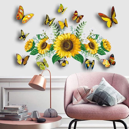 Sunflowers Wall Decal with 12 PCS 3D Colorful Butterfly Wall Stickers for Nursery Bedroom Bathroom Kitchen, Removable Yellow Flower Mural DIY Wall Art Decor Home Decorations for Living Room